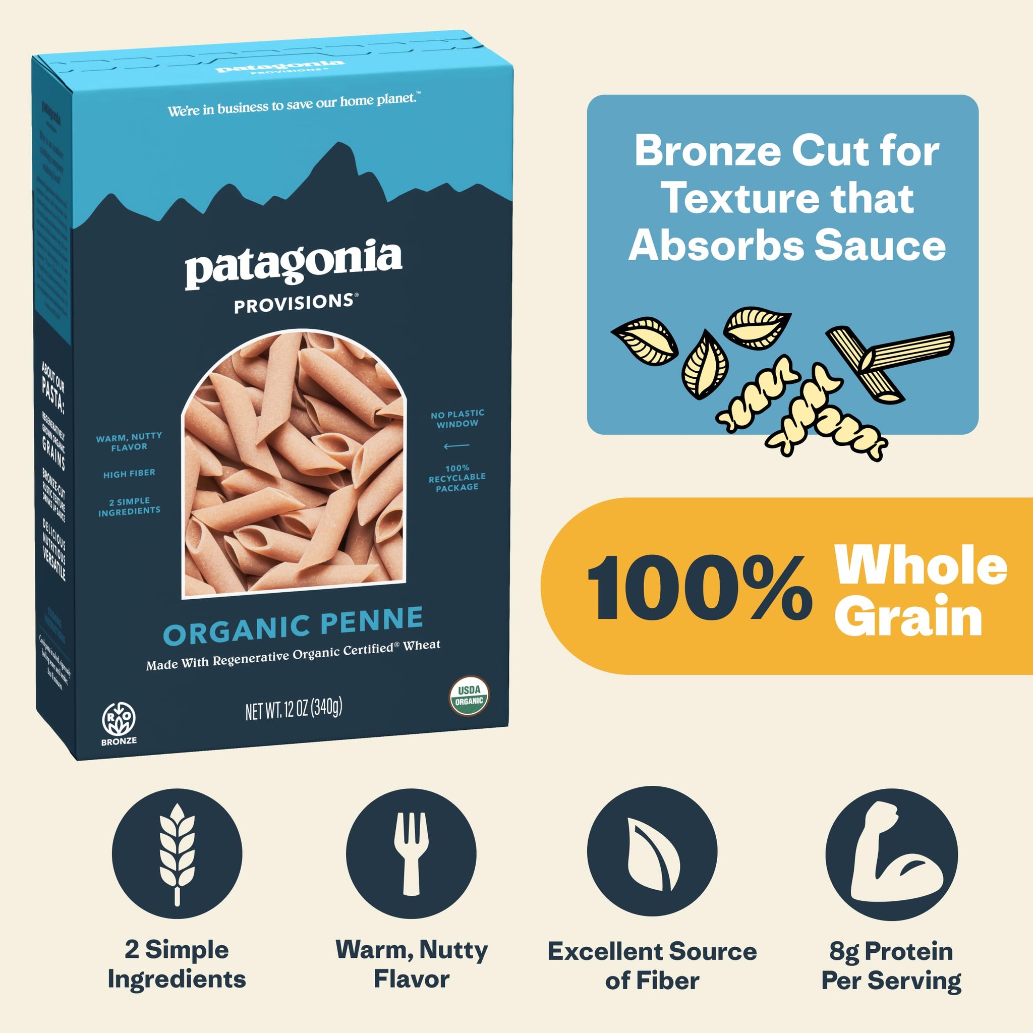 Patagonia Provisions Organic Penne Pasta | Regenerative Organic Certified® | Non-GMO | High Fiber & 8g of Protein | (1 Pack)