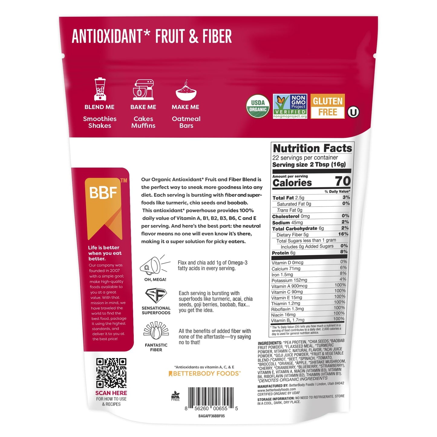 BetterBody Foods Organic Antioxidant Fruit and Fiber Superfood Blend, 12.7 Ounce, Powder