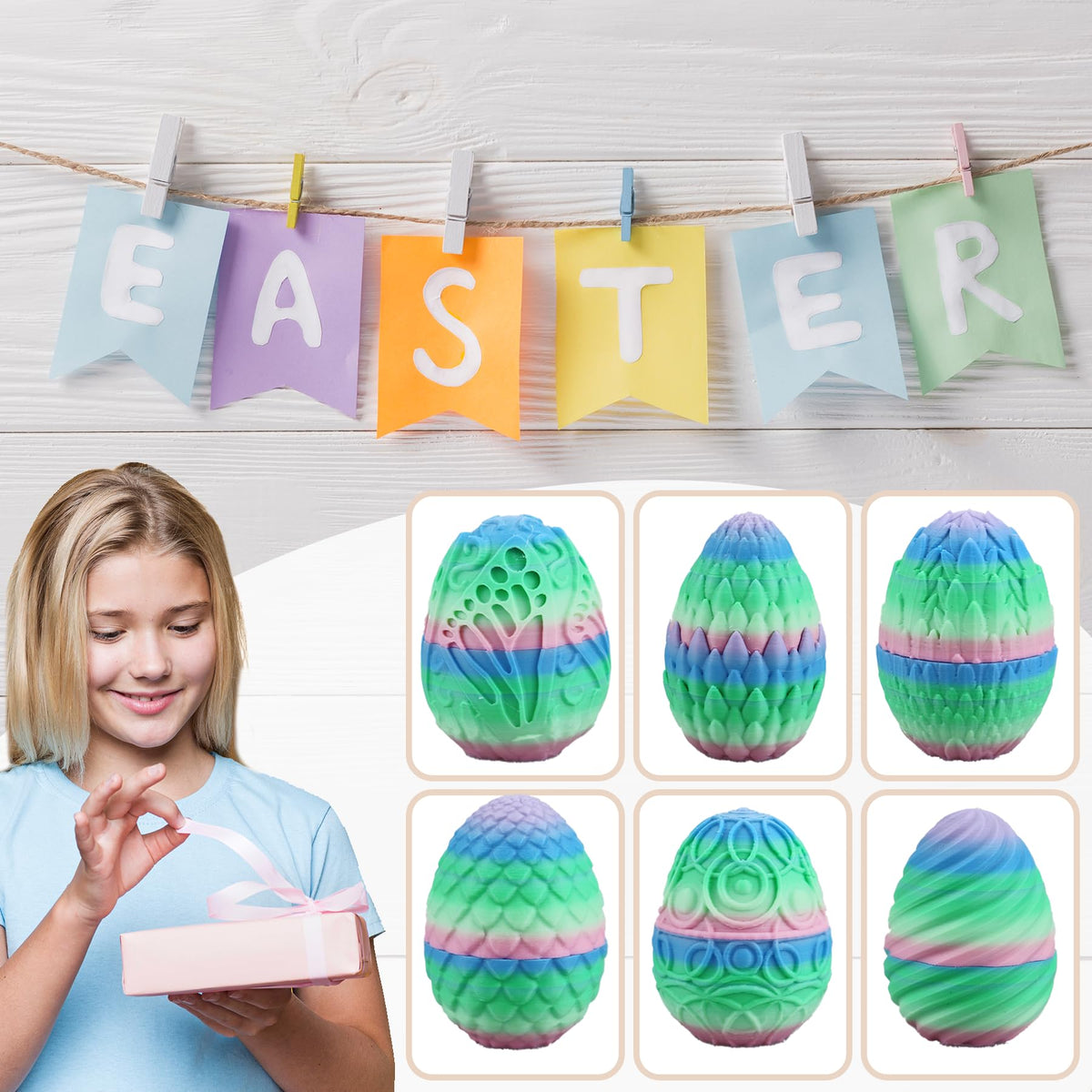 6PCS 3D Printed Fillable Dragon Eggs, Mystery 3D Printed Toy Easter Basket Stuffer, Theme Party for Easter Eggs Hunt Game (Matte Rainbow)