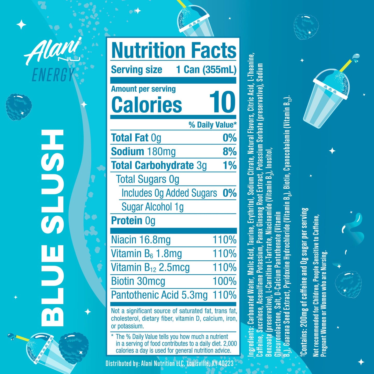 Alani Nu BLUE SLUSH, Sugar Free, Low Calorie Energy Drinks, 200mg Caffeine, Biotin, B Vitamins, Zero Sugar, 10 Calories, 12 Fl Oz Cans, 12 Pack