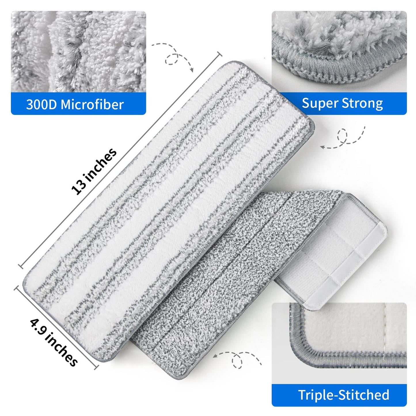 Oshang Flat Mop Head Refill, 13" X 4.9" Flat Mop Pads, Microfiber Mop Pads Flat Mop Replacement Heads (4-Pack) (White and Grey)