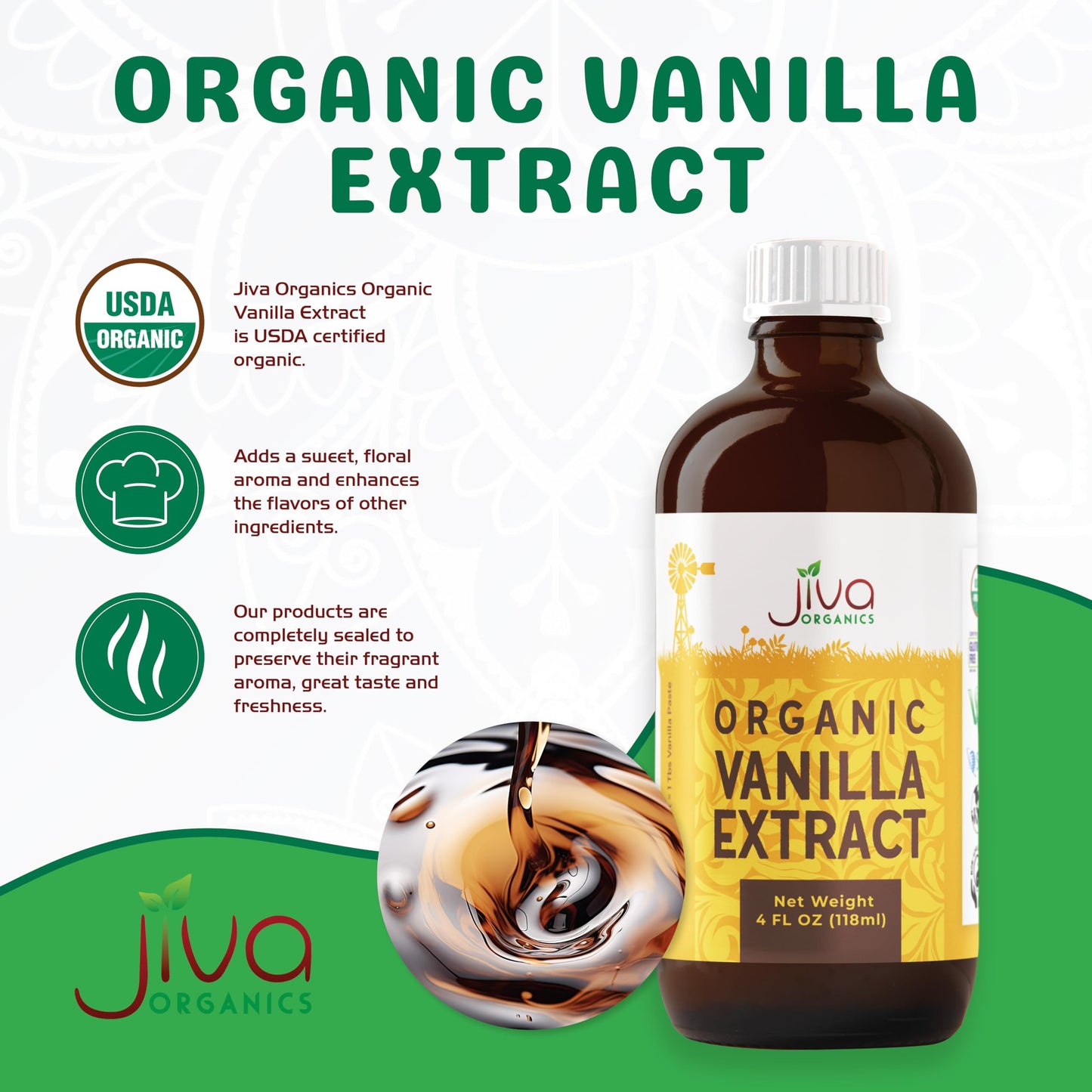 Jiva Organics Pure Vanilla Extract 4oz - 100% Real Extract - For Cooking, Drinks & Desserts - 100% Vegan, Sugar Free & Kosher - Non-GMO & Gluten-Free