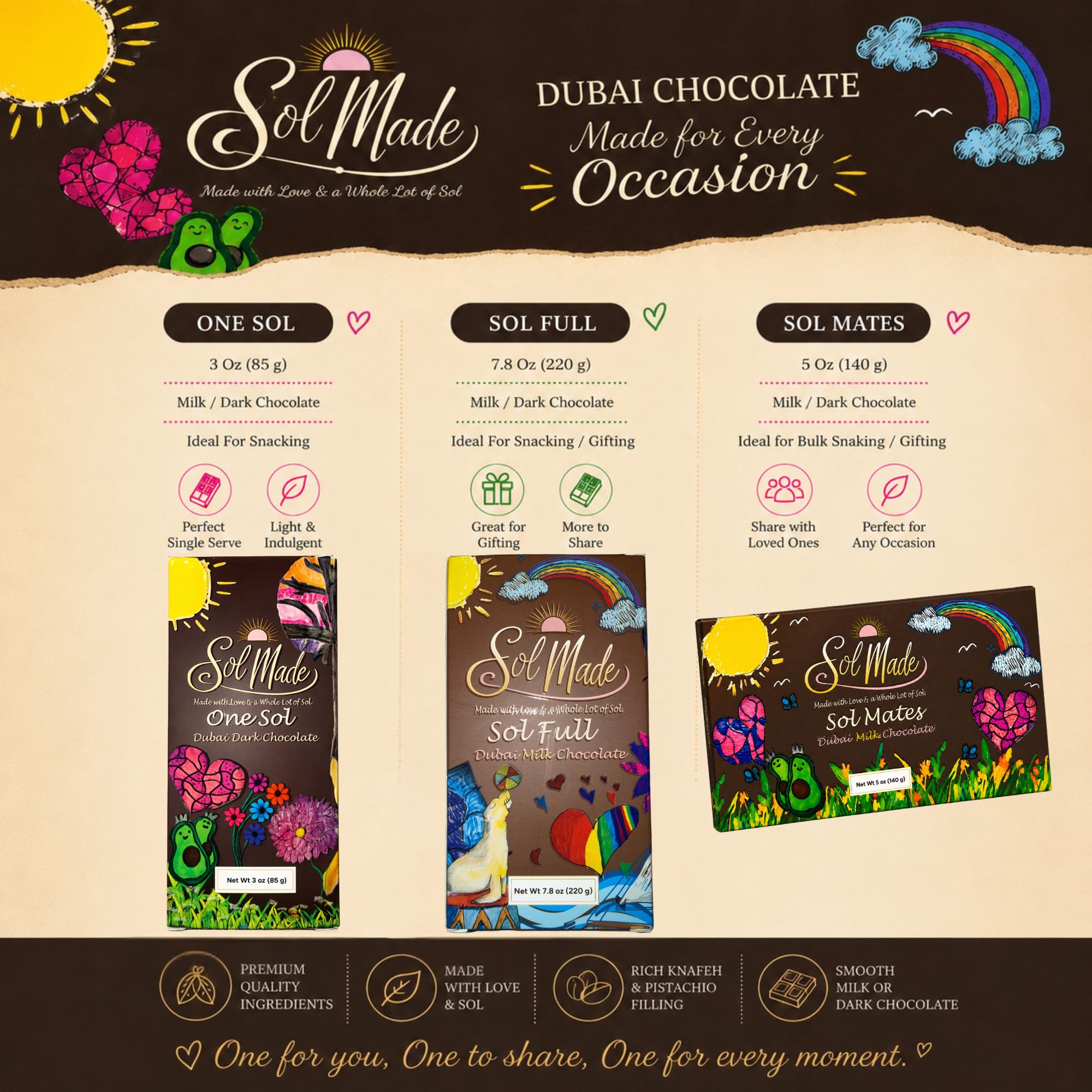 Sol Made Sweets | Handcrafted Artisan Dark Chocolate Bar | Dark Chocolate with Pistachio Cream & Crunchy Kataifi | Gourmet Gift [ 7.8 oz]