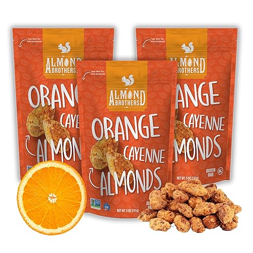 Almond Brothers Roasted Almonds - Pack of 3, 5 oz - Orange Almonds with Cayenne Pepper - Gluten-Free, Non-GMO