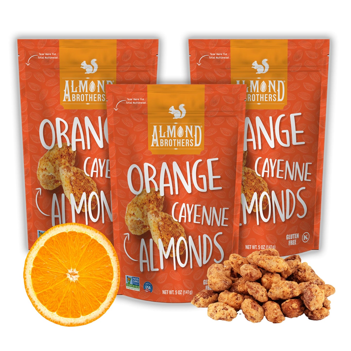 Almond Brothers Roasted Almonds - Pack of 3, 5 oz - Orange Almonds with Cayenne Pepper - Gluten-Free, Non-GMO