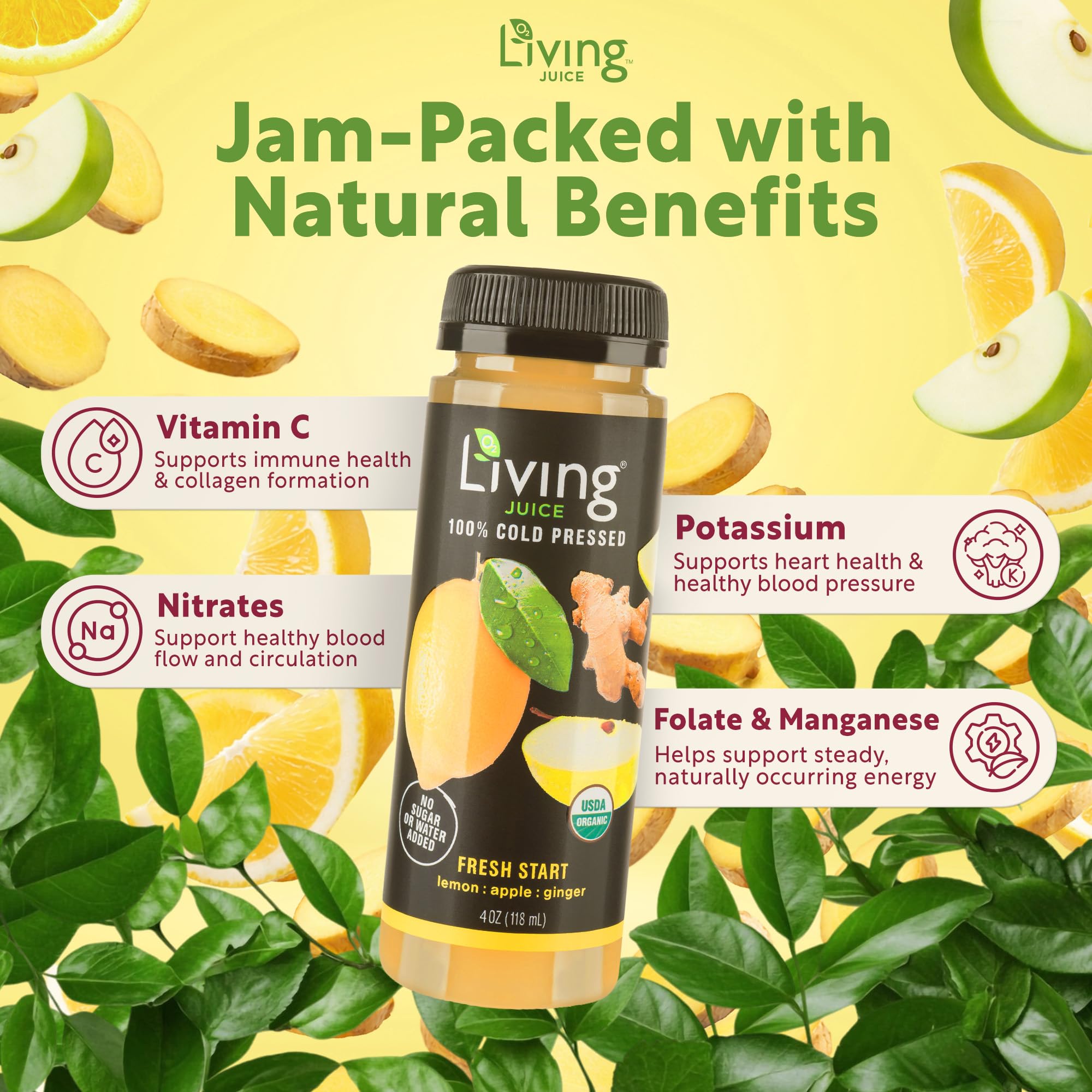 O2 Living Juice Cold Pressed Drink - Fresh Start Organic Juice Pack - No Added Sugars or Water, Naturally Sweetened from Fruits, Rich in Nutrients