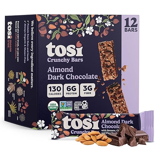 Tosi Nut Bars, Almond Dark Chocolate, Healthy Snacks for Adults & Kids, Plant Based Crunchy Bars (6G Protein), Organic Keto Snacks, Vegan, Gluten