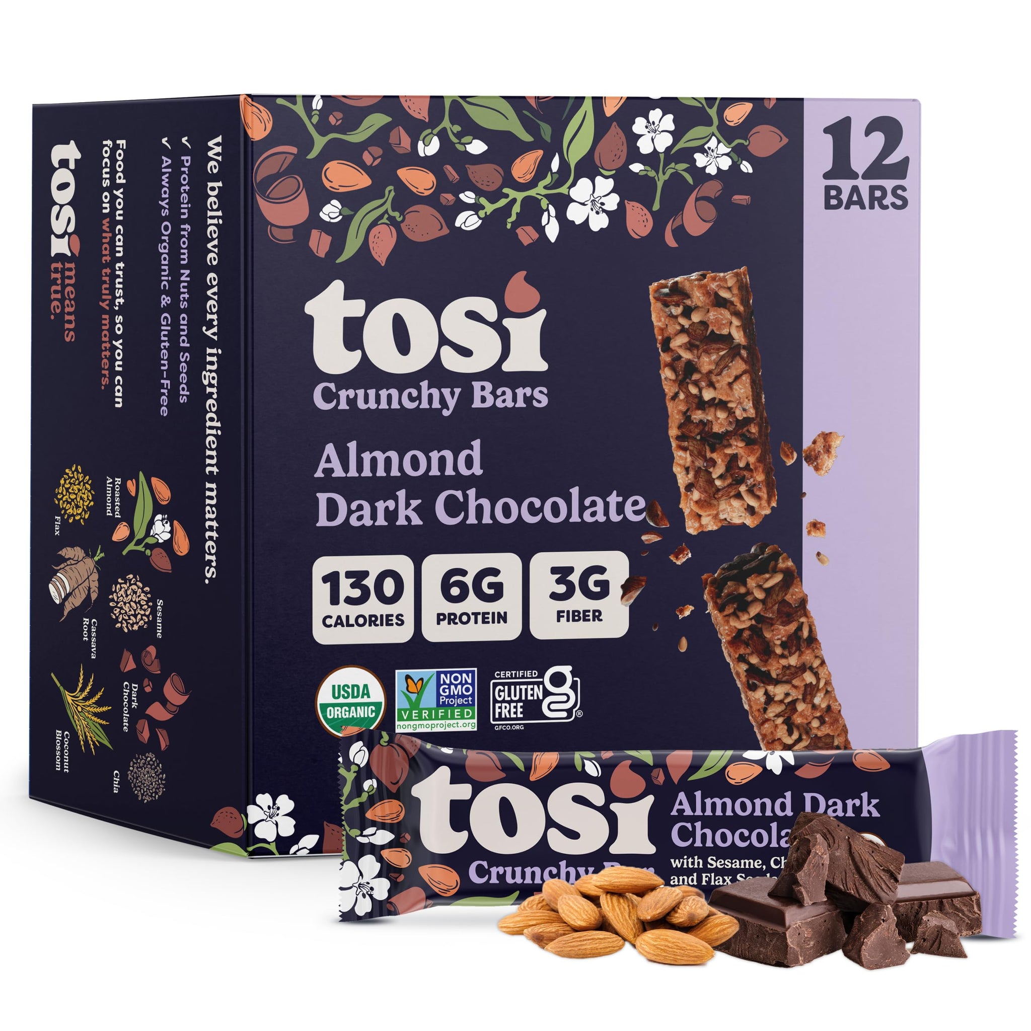Tosi Nut Bars, Almond Dark Chocolate, Healthy Snacks for Adults & Kids, Plant Based Crunchy Bars (6G Protein), Organic Keto Snacks, Vegan, Gluten