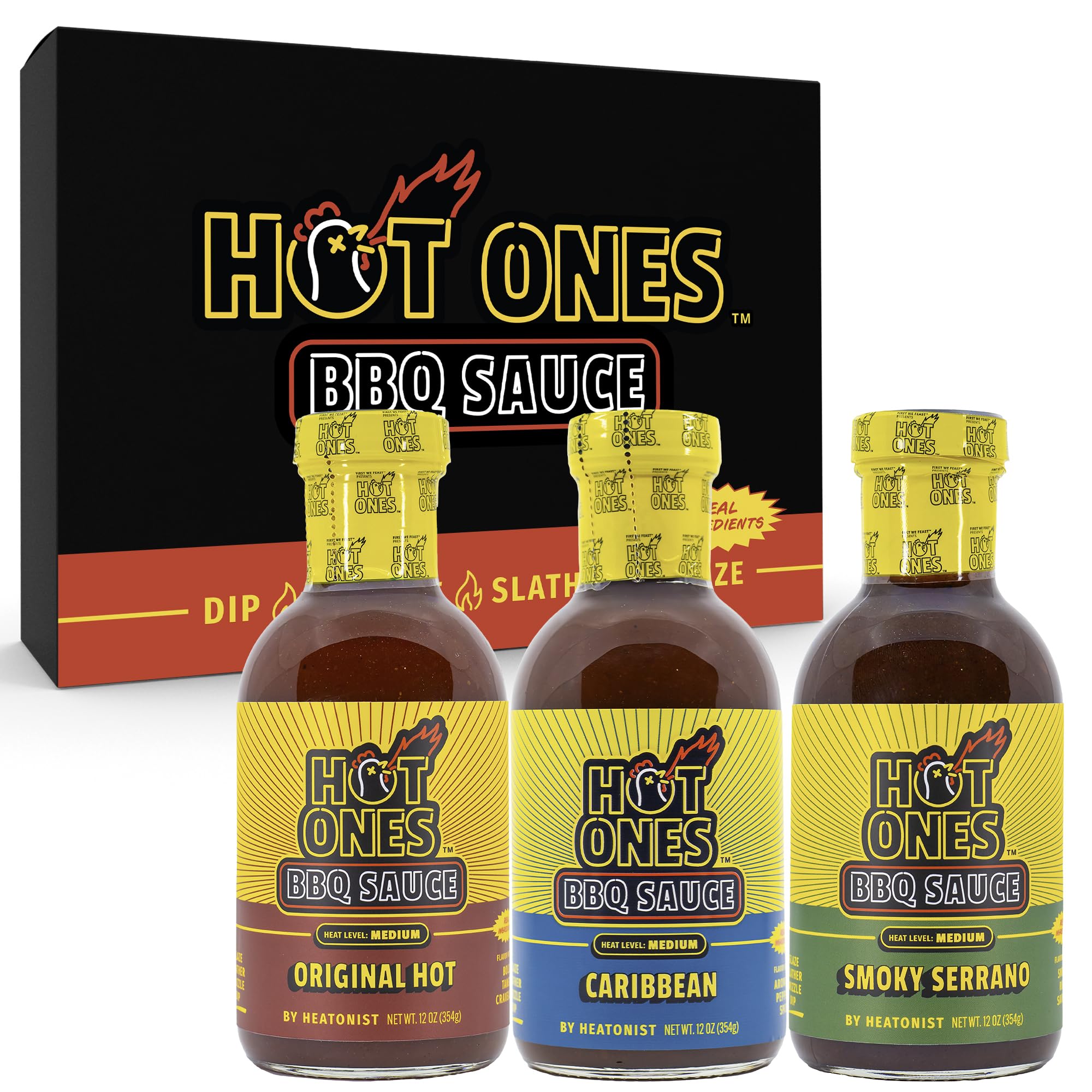 Hot Ones BBQ Sauce Trio - Variety Pack - Gift Set - Original, Smoked Serrano, Caribbean