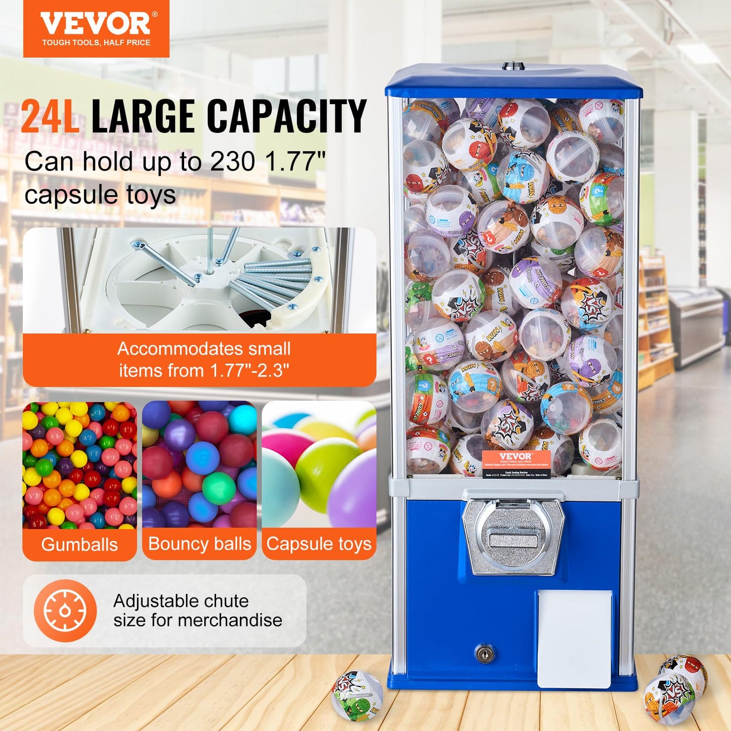 VEVOR Gumball Machine for Kids, 25" Height Home Vending Machine, PS Bouncy Balls Dispenser, Hold 230 Capsule Toys, Rectangle Bubble Gum Machine