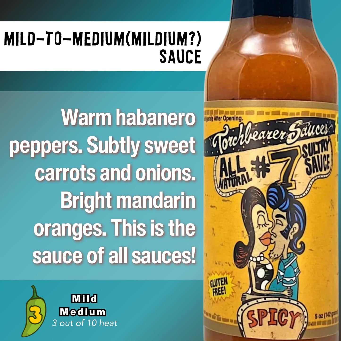 Torchbearer Sauces #7 Sultry Hot Sauce 5 Oz, Heat level 3 - Spicy, All Natural, Extract-Free, Made in USA