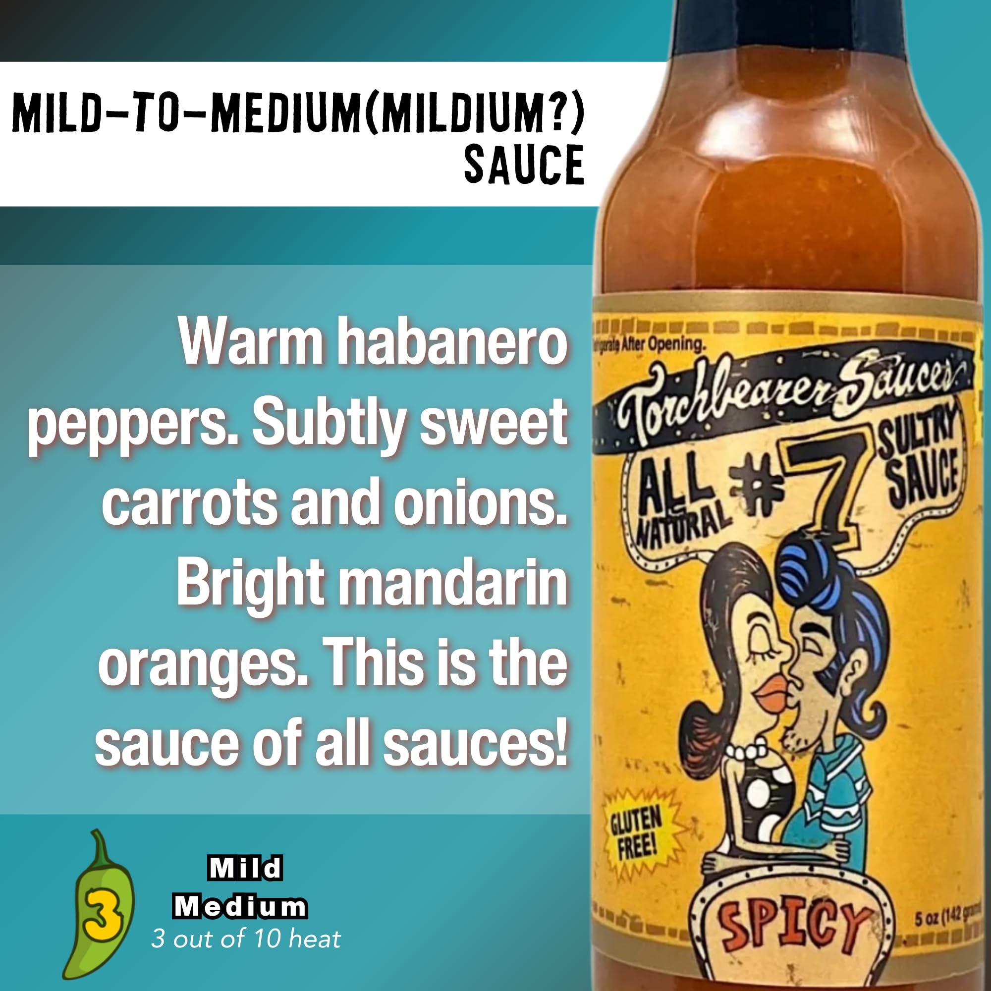 Torchbearer Sauces #7 Sultry Hot Sauce 5 Oz, Heat level 3 - Spicy, All Natural, Extract-Free, Made in USA