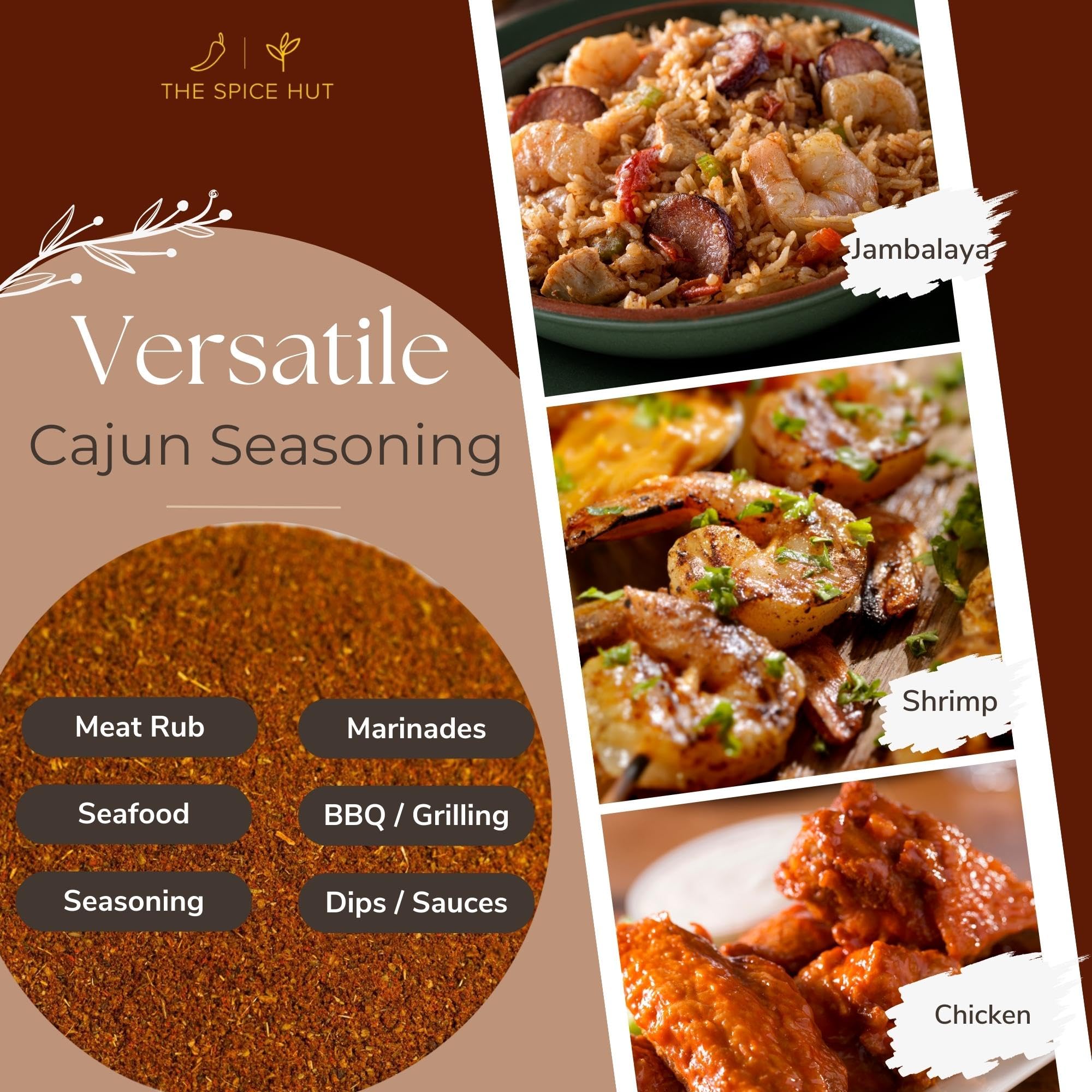 Spice Hut - Cajun Seasoning Mix Organic, No Salt, Louisiana Spice Blend for Cooking Flavorful Southern Soul Food, Turkey, Fries, Meat, Veggie Dishes