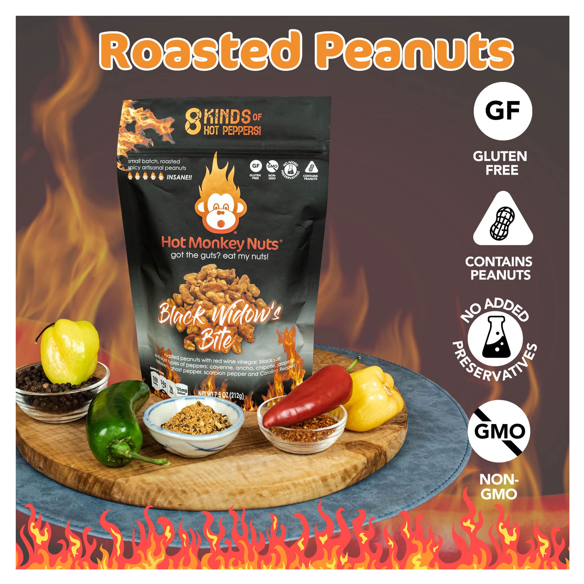 3-Pack Spiciest Peanuts | Black Widow's Bite, Hot-Winged Reaper, and Curry Up! I'm on Fire - Spicy Nuts - 3 Hottest Flavors | Hot Monkey Nuts Spicy