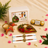 LoveNspire Designer Rakhi Gift Hamper for Brother & Bhabhi (2 Pcs) - Handmade Raksha Bandhan Bracelets with Chocolates & Roli Chawal for Good Luck