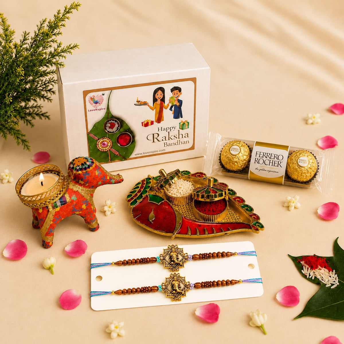 LoveNspire Designer Rakhi Gift Hamper for Brother & Bhabhi (2 Pcs) - Handmade Raksha Bandhan Bracelets with Chocolates & Roli Chawal for Good Luck