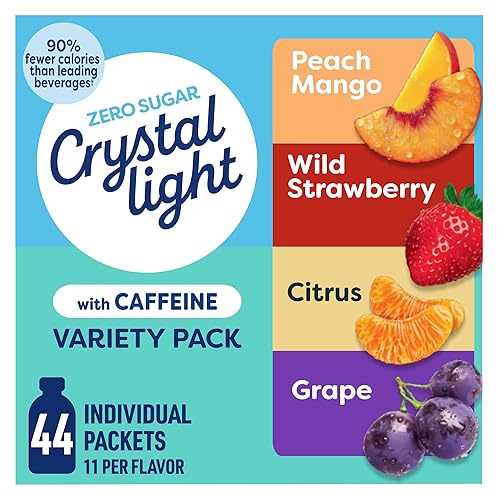 Crystal Light Energizing Drink Mix with Caffeine Variety Pack, 44 Packets for On-the-Go Hydration, Peach Mango, Wild Strawberry, Citrus, Grape