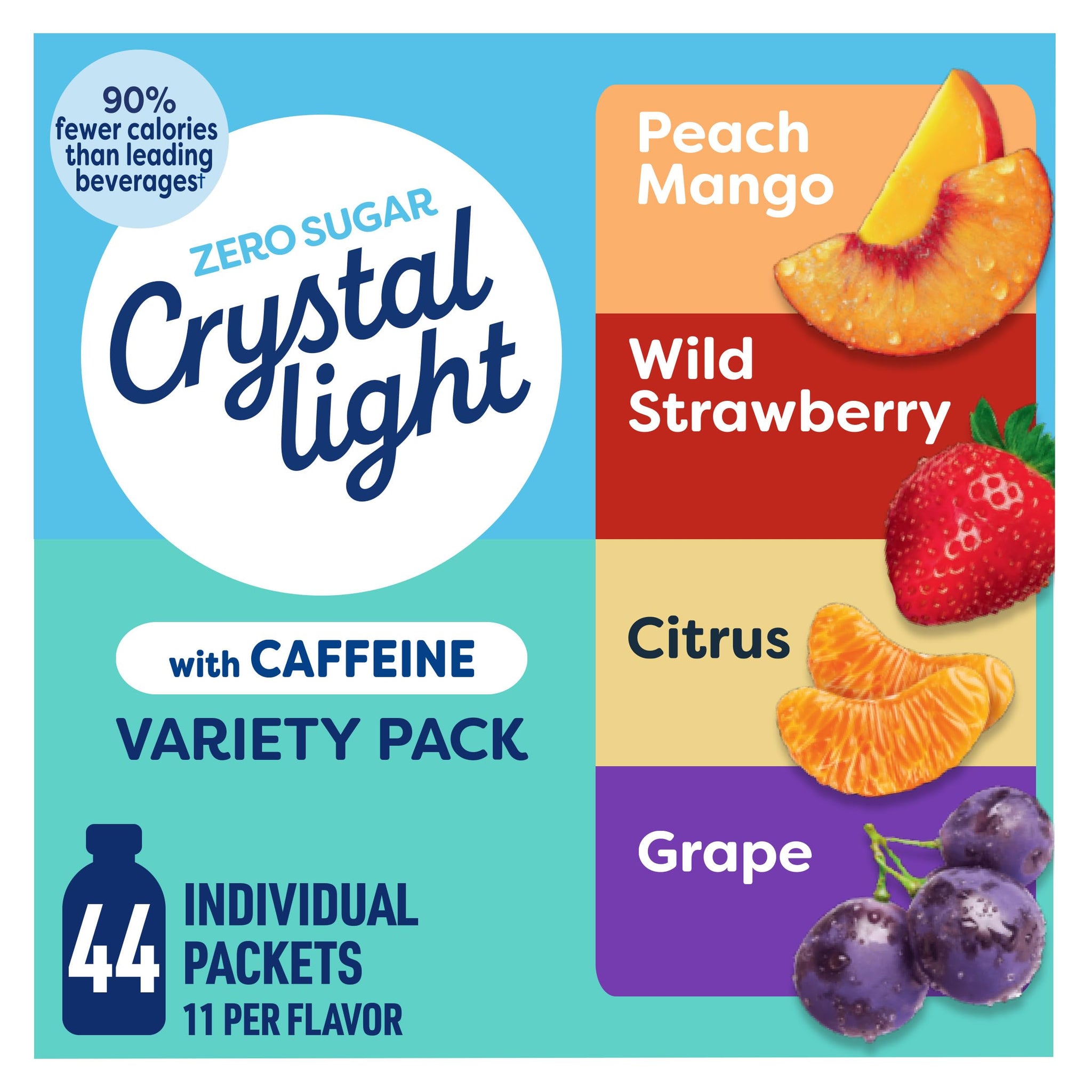 Crystal Light Energizing Drink Mix with Caffeine Variety Pack, 44 Packets for On-the-Go Hydration, Peach Mango, Wild Strawberry, Citrus, Grape