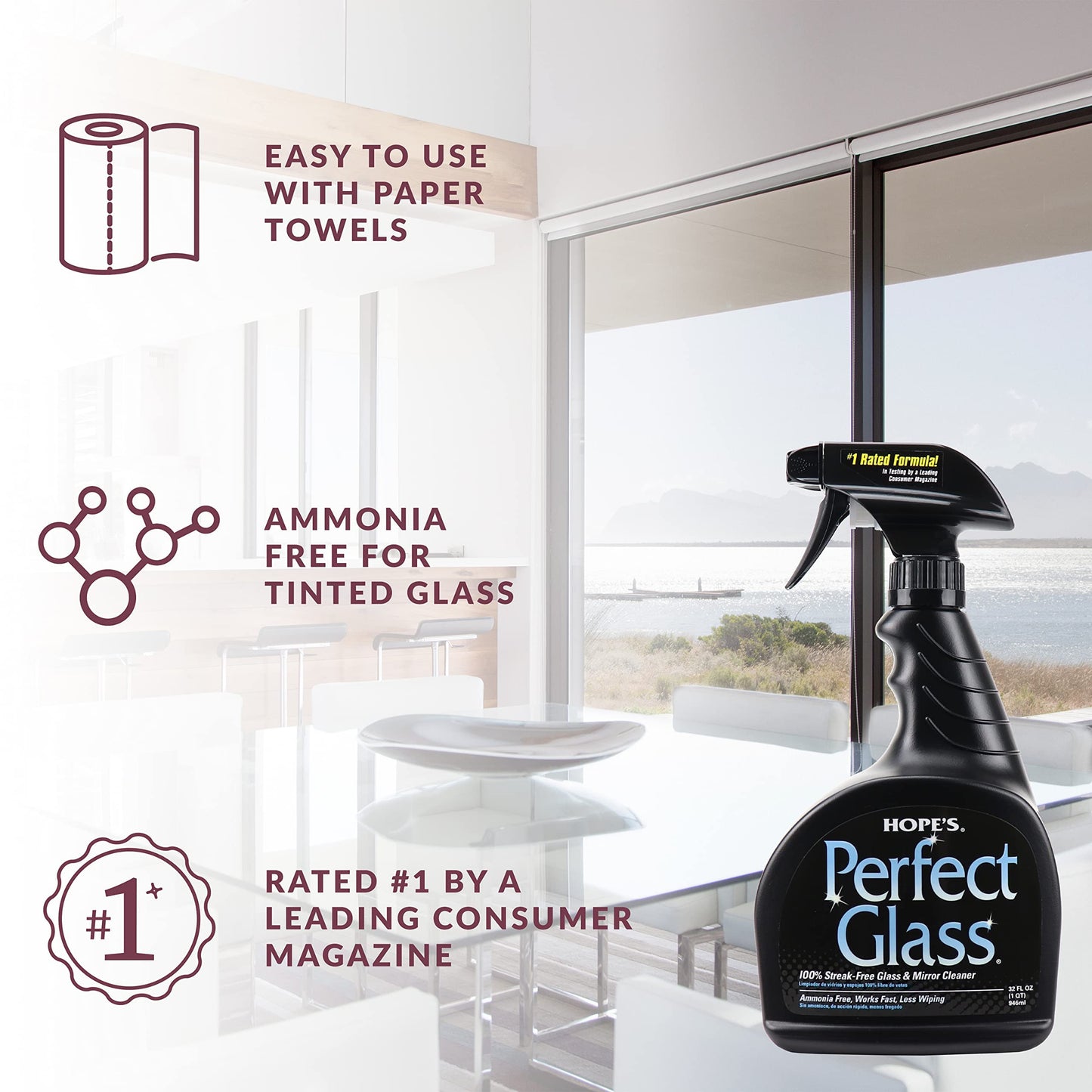 HOPE'S Perfect Glass Cleaner Spray, Streak-Free, Ammonia-Free Window, Mirror, Screen, Tinted Glass, and Shower Door Cleaner, Indoor and Outdoor Glass