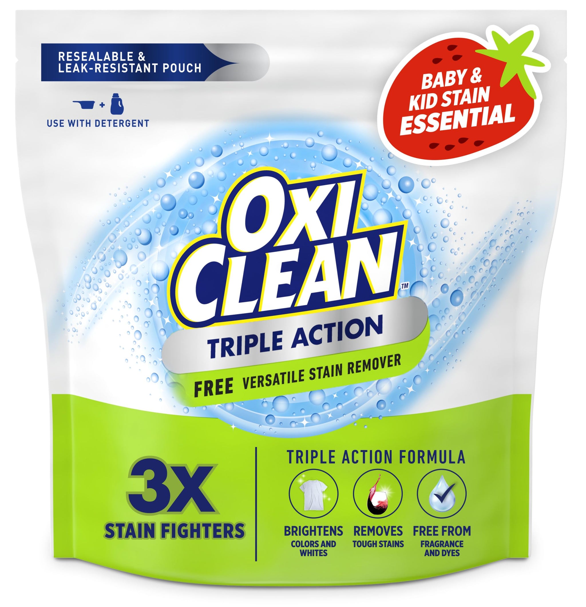 OxiClean Triple Action Free Versatile Stain Remover Powder, Use with Detergent, No Fragrance, No Dyes, No Chlorine, Removes Stains, Brightens Colors