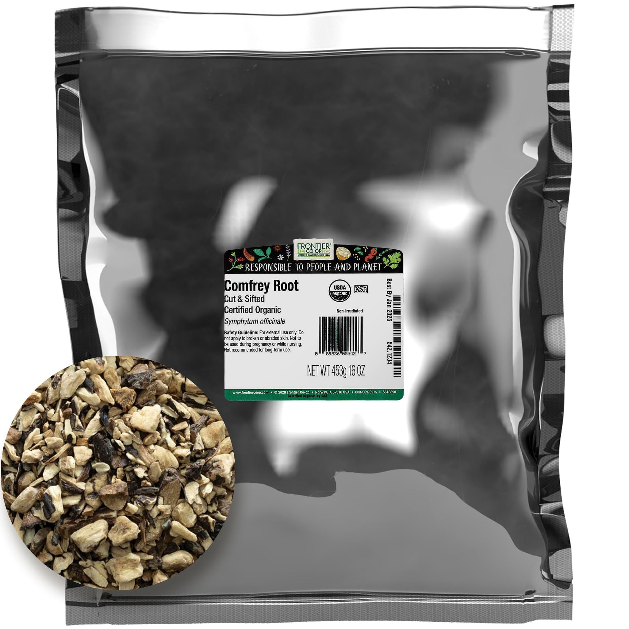 Frontier Co-op Comfrey Root, Cut and Sifted, Certified Organic, Kosher | 1 lb. Bulk Bag | Symphytum officinale L.