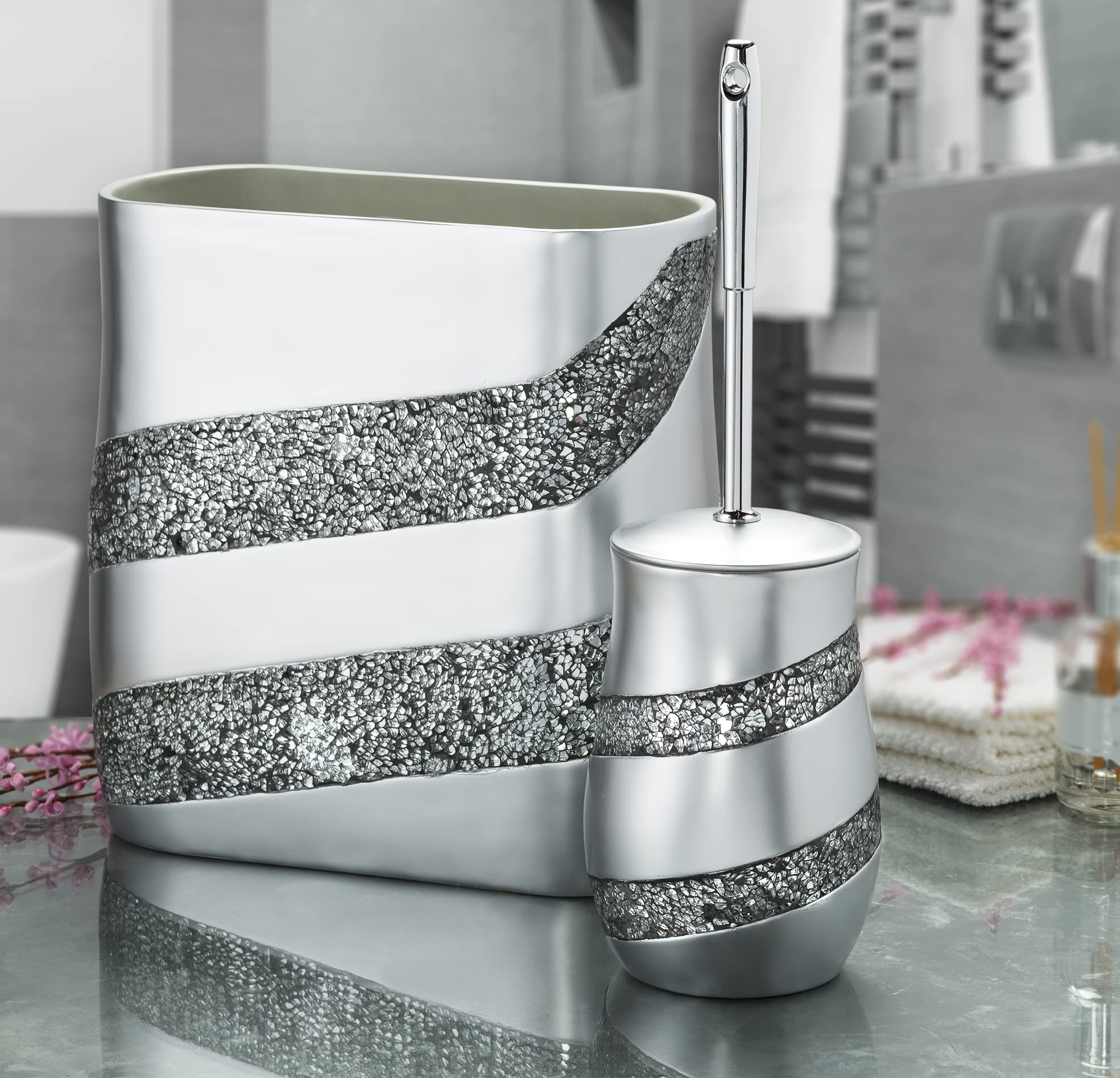 Creative Scents Silver Mosaic Toilet Brush and Holder Set - Toilet Bowl Brush and Holder, Sturdy Toilet Cleaner Brush with Stainless Steel Handle