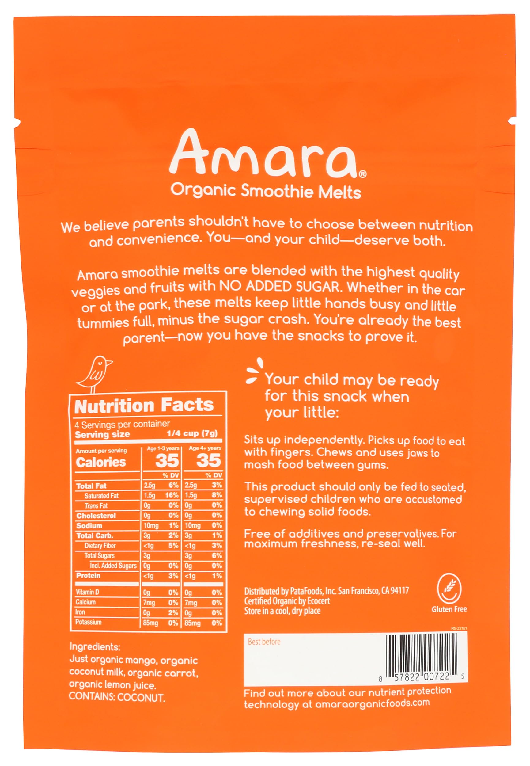 AMARA Organic Mango Carrot Yogurt Snack Smoothie Melts, 1 OZ