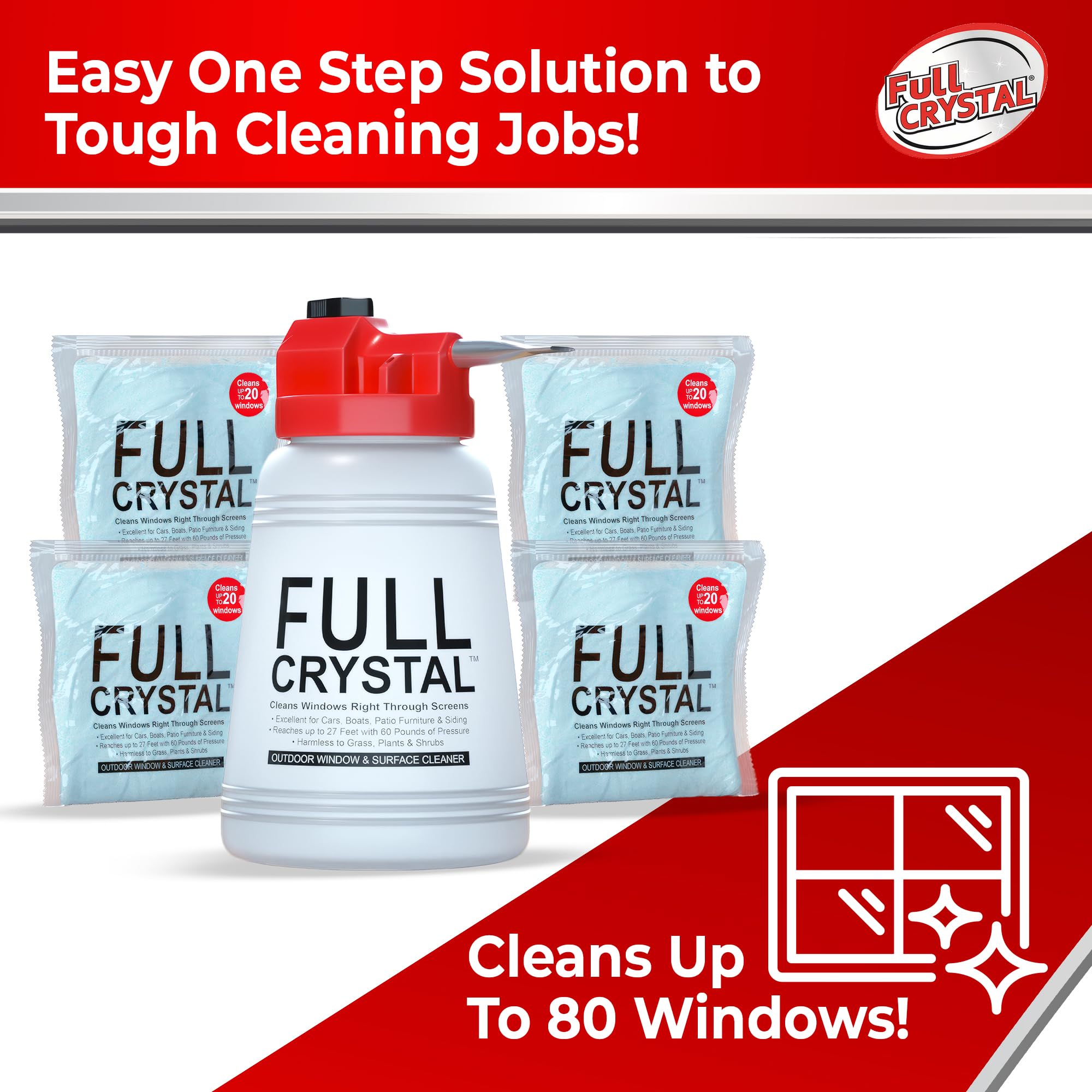Full Crystal Window Cleaning Kit - 16 oz Glass Cleaner and Bottle with 27 ft Reach, Each 4 oz Bag Makes Up to 640 fl oz, Cleans Up to 80 Windows