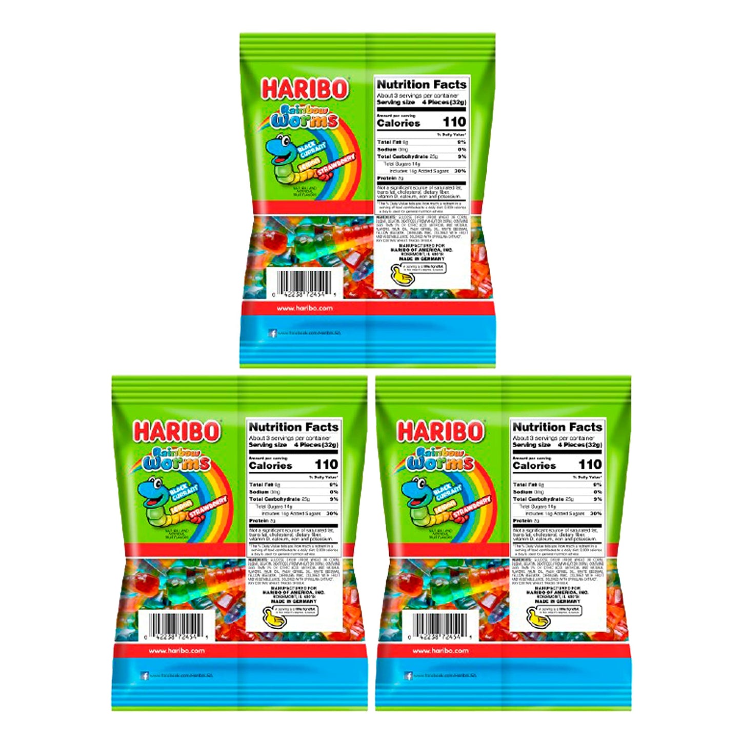 Haribo Rainbow Gummy Worms Pack of 3 (5 oz Bags) Lemon, Strawberry, and Black Currant Candy for Easter, and More in a King of Sweets Bulk Bag