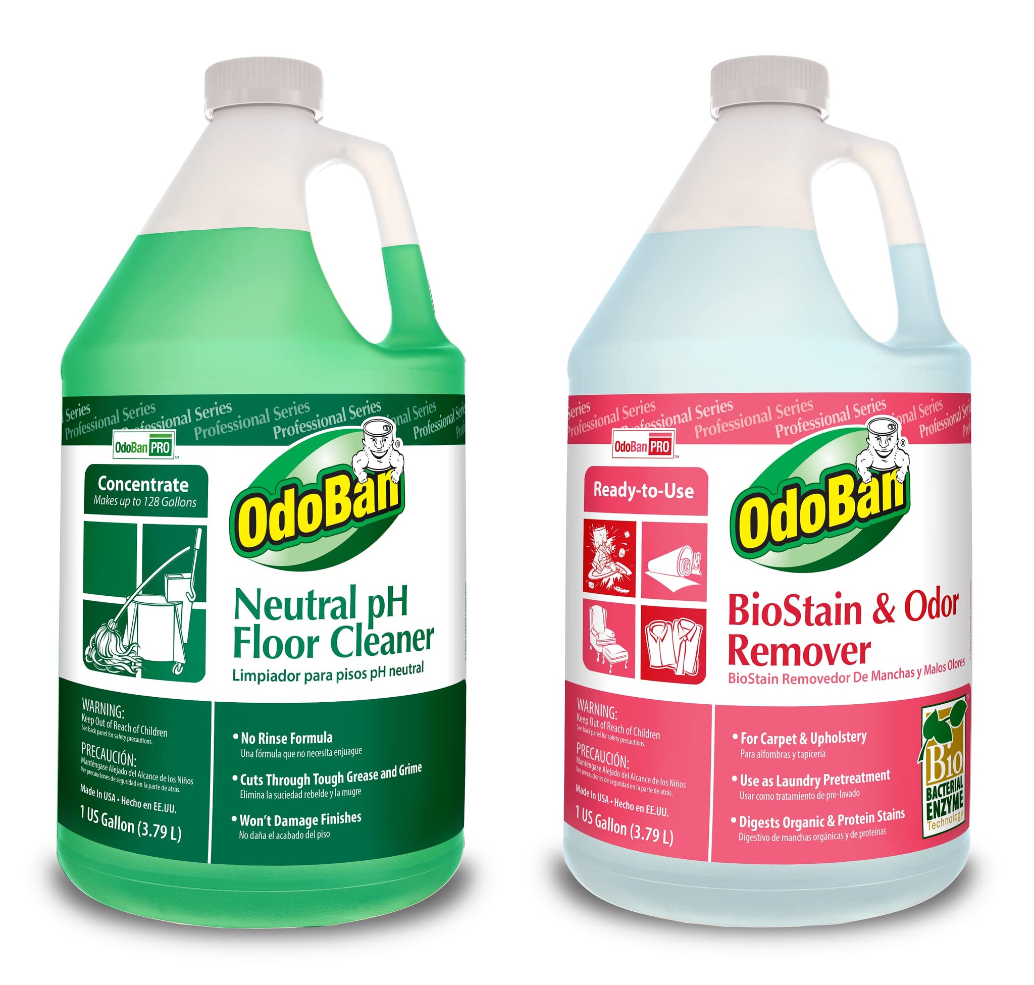 OdoBan Professional Cleaning Neutral pH Floor Cleaner and BioStain and Odor Remover, Made in the USA, 1 Gallon Each