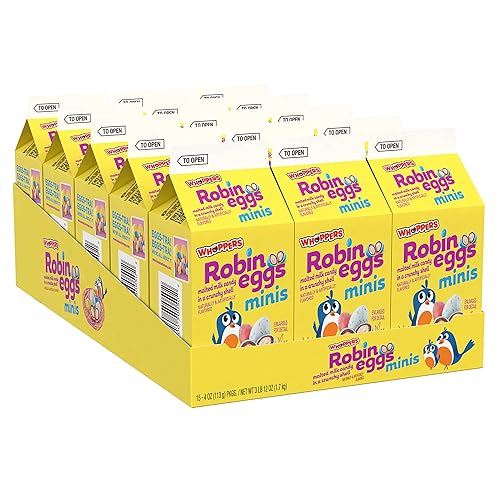 WHOPPERS Mini Robin Eggs Malted Milk Treats, Bulk, Easter Candy, 4 oz Cartons (15 Count)