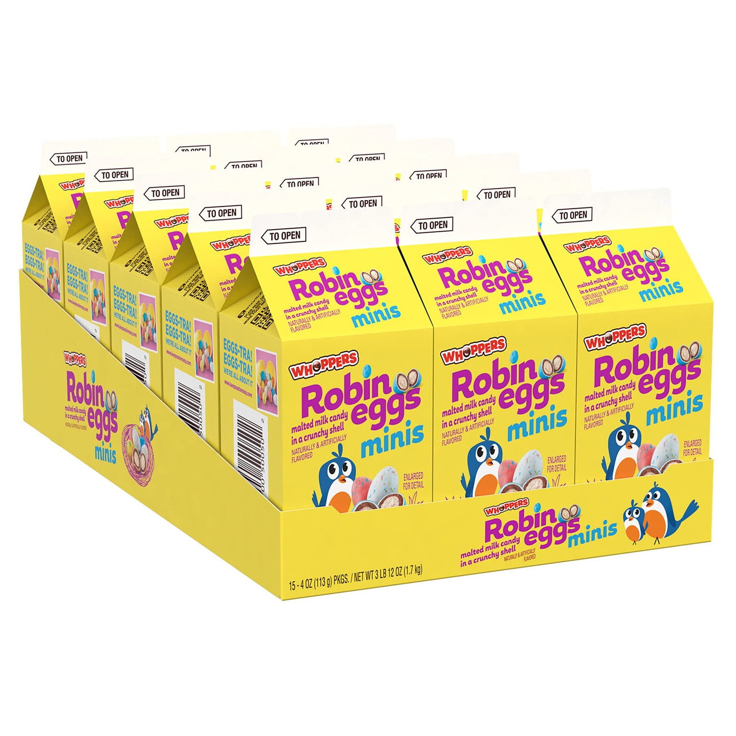 WHOPPERS Mini Robin Eggs Malted Milk Treats, Bulk, Easter Candy, 4 oz Cartons (15 Count)