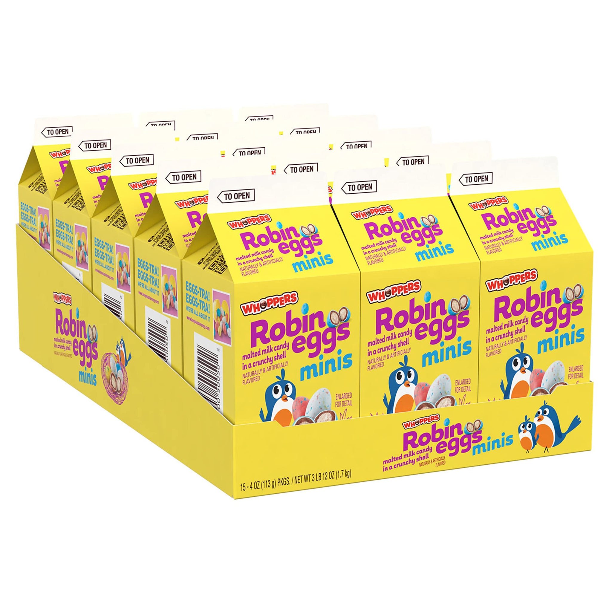 WHOPPERS Mini Robin Eggs Malted Milk Treats, Bulk, Easter Candy, 4 oz Cartons (15 Count)