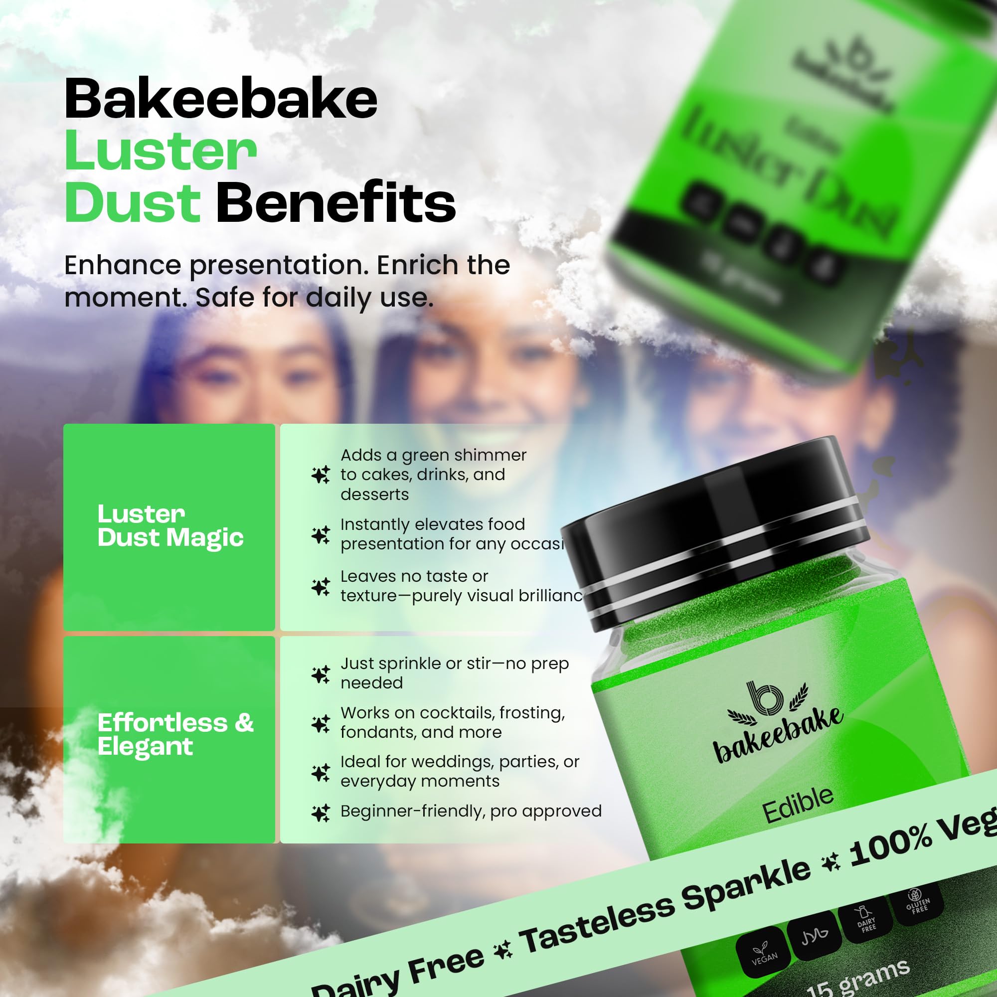 Bakeebake Luster Dust Edible 15g - Edible Glitter for Drinks & Desserts - Gluten Free Edible Green Dust for Cake Decorating - Tasteless Vegan Drink