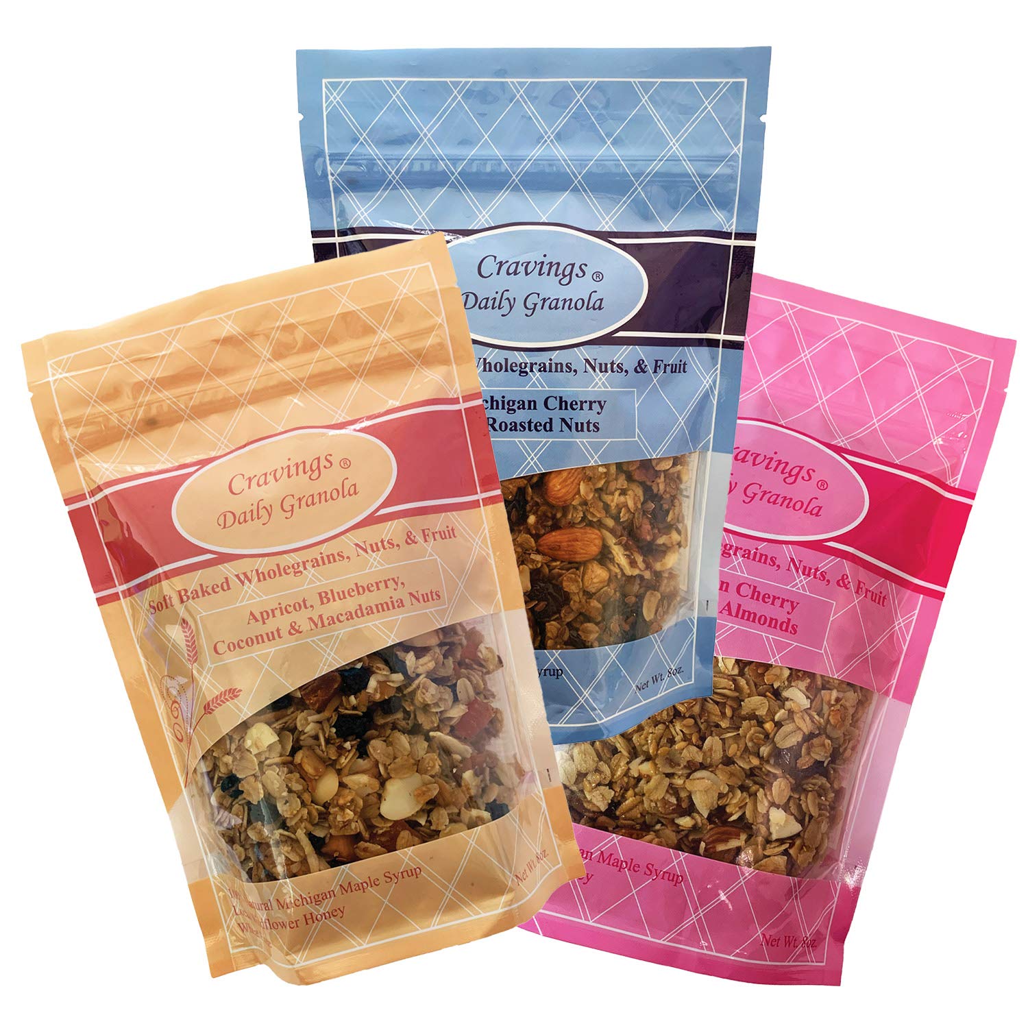 Cravings Daily Granola Variety- 3 Pack- Michigan Cherry & Roasted Nuts, Apricot, Blueberry, Coconut & Macadamia Nut and Michigan Cherry & Sliced