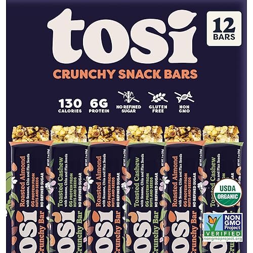 Tosi Almond and Cashew Protein Bars Combo, Plant Based with Nuts, Gluten-Free Crunchy Snacks, Vegan, Organic, Flax & Chia Seeds, Soy-Free, Omega 3s