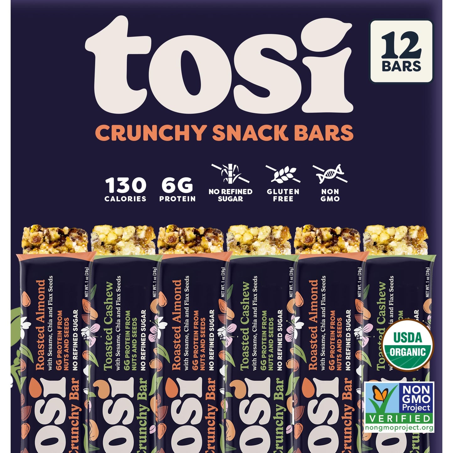 Tosi Almond and Cashew Protein Bars Combo, Plant Based with Nuts, Gluten-Free Crunchy Snacks, Vegan, Organic, Flax & Chia Seeds, Soy-Free, Omega 3s