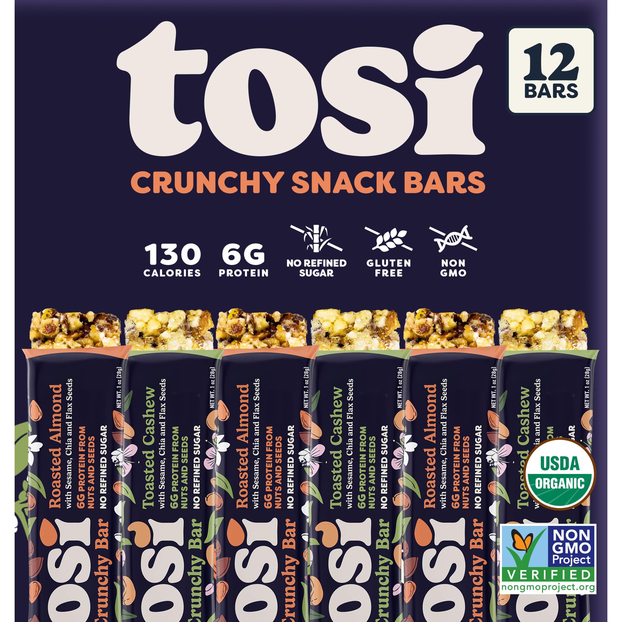 Tosi Almond and Cashew Protein Bars Combo, Plant Based with Nuts, Gluten-Free Crunchy Snacks, Vegan, Organic, Flax & Chia Seeds, Soy-Free, Omega 3s