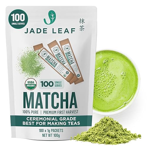 Jade Leaf Matcha Organic Ceremonial Grade Matcha Green Tea Powder On The Go Packets - For Lattes, Smoothies, Usucha, 100 Count (0.04 Ounce Packets)
