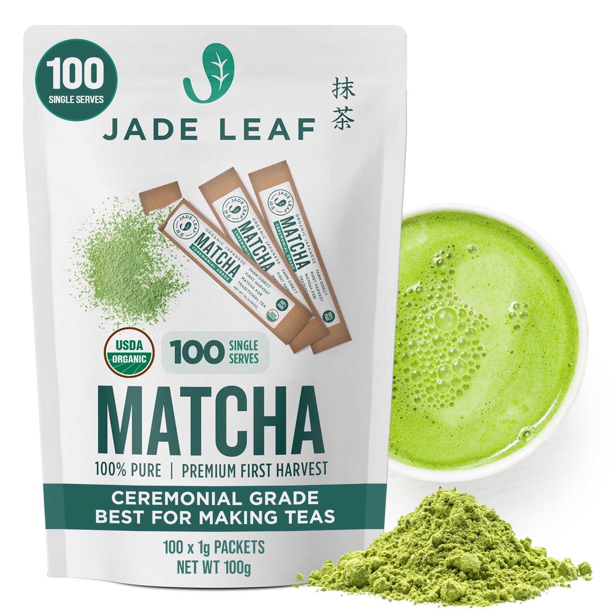 Jade Leaf Matcha Organic Ceremonial Grade Matcha Green Tea Powder On The Go Packets - For Lattes, Smoothies, Usucha, 100 Count (0.04 Ounce Packets)