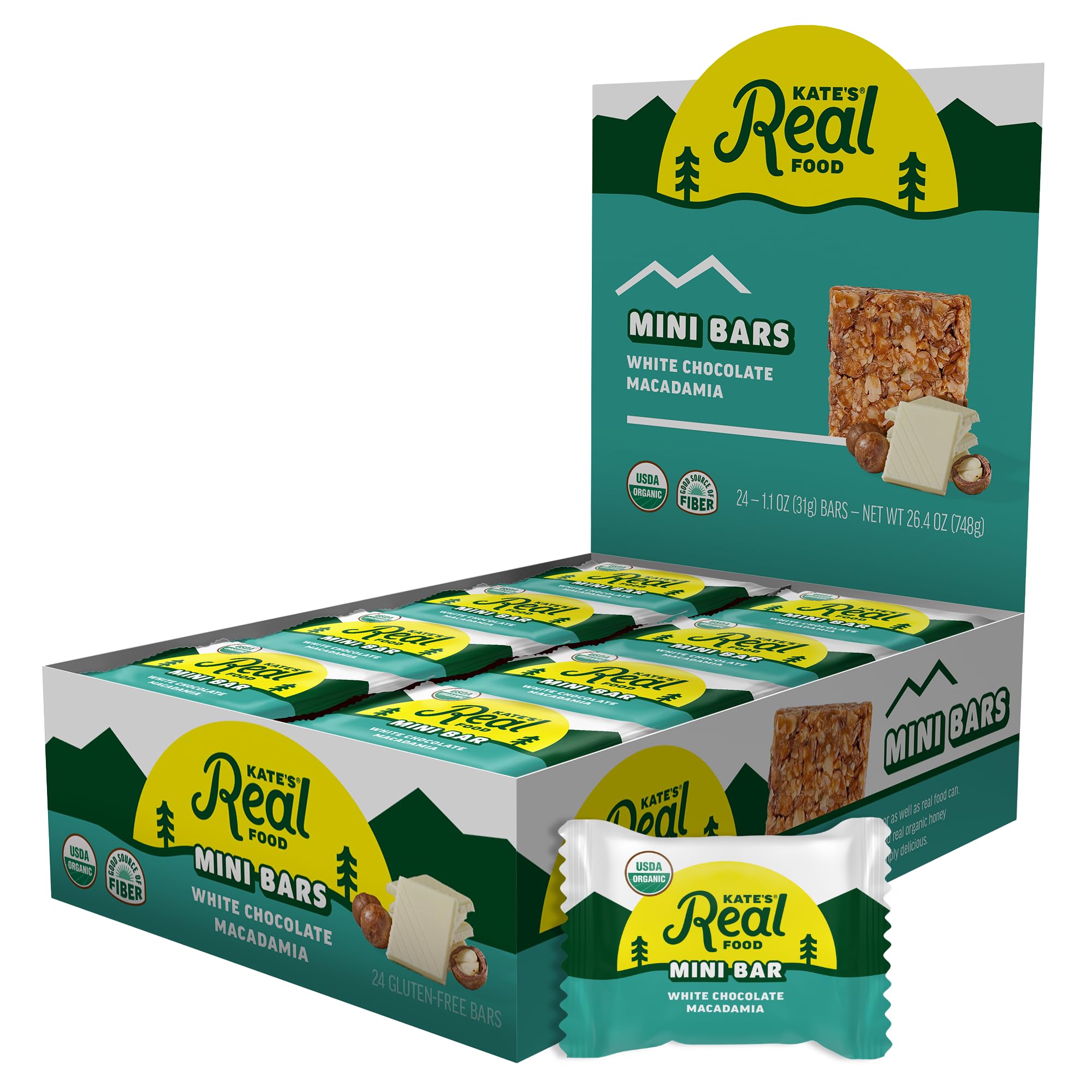 Kate’s Real Food Organic Granola Bars - White Chocolate Macadamia (1.1 oz, Pack of 24) - Organic Energy Bars with Non GMO All Soy Free Free Oats