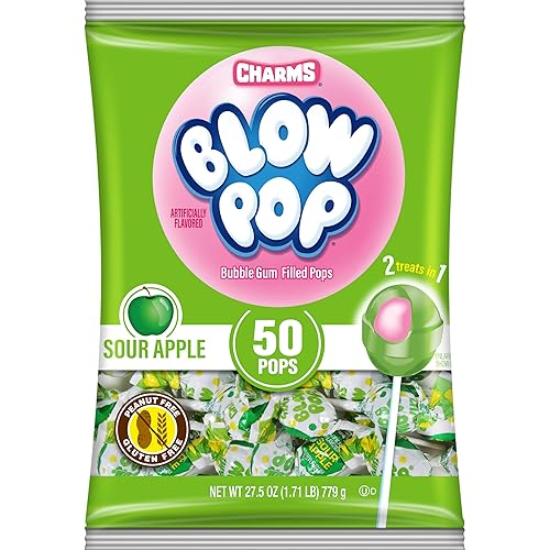 Charms Blow Pop Single Flavor Bag - Sour Apple Flavored Lollipops with a Bubble Gum Center - Individually Wrapped Hard Candy - Green Candy - Peanut