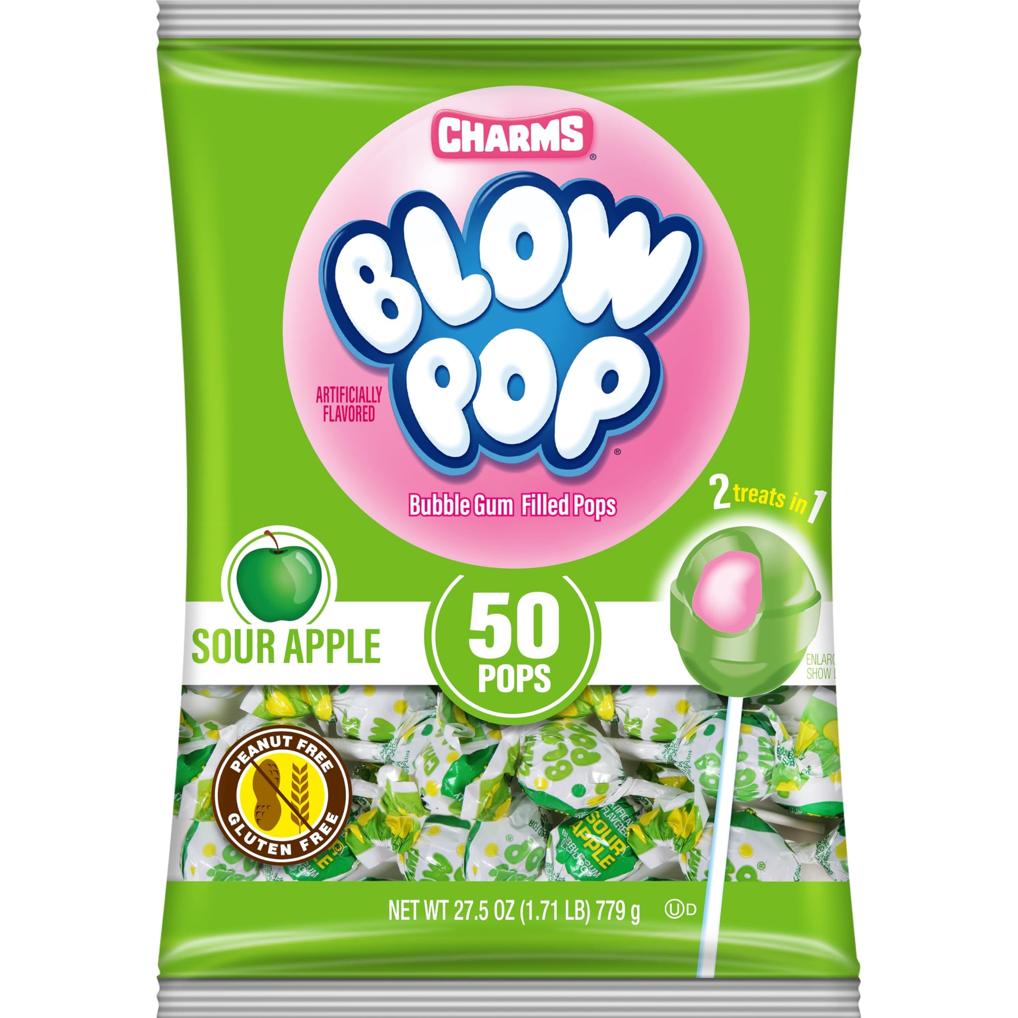 Charms Blow Pop Single Flavor Bag - Sour Apple Flavored Lollipops with a Bubble Gum Center - Individually Wrapped Hard Candy - Green Candy - Peanut
