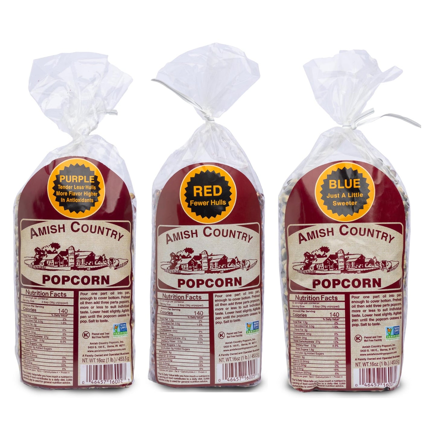 Amish Country Popcorn | 3-1 lb Bags | Purple, Red and Blue Popcorn Kernels | Old Fashioned, Non-GMO and Gluten Free (3-1 lb Bags)