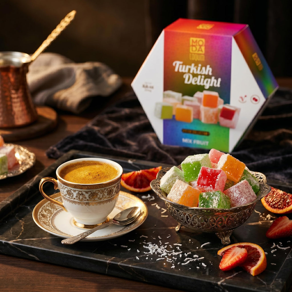 Turkish Delight Candy (Lokum) - Gourmet Chewy Candy, Premium Gift Box - Honeycomb Packaging, 7.05 oz (200g), Middle Eastern Sweets (Mixed-Fruit)