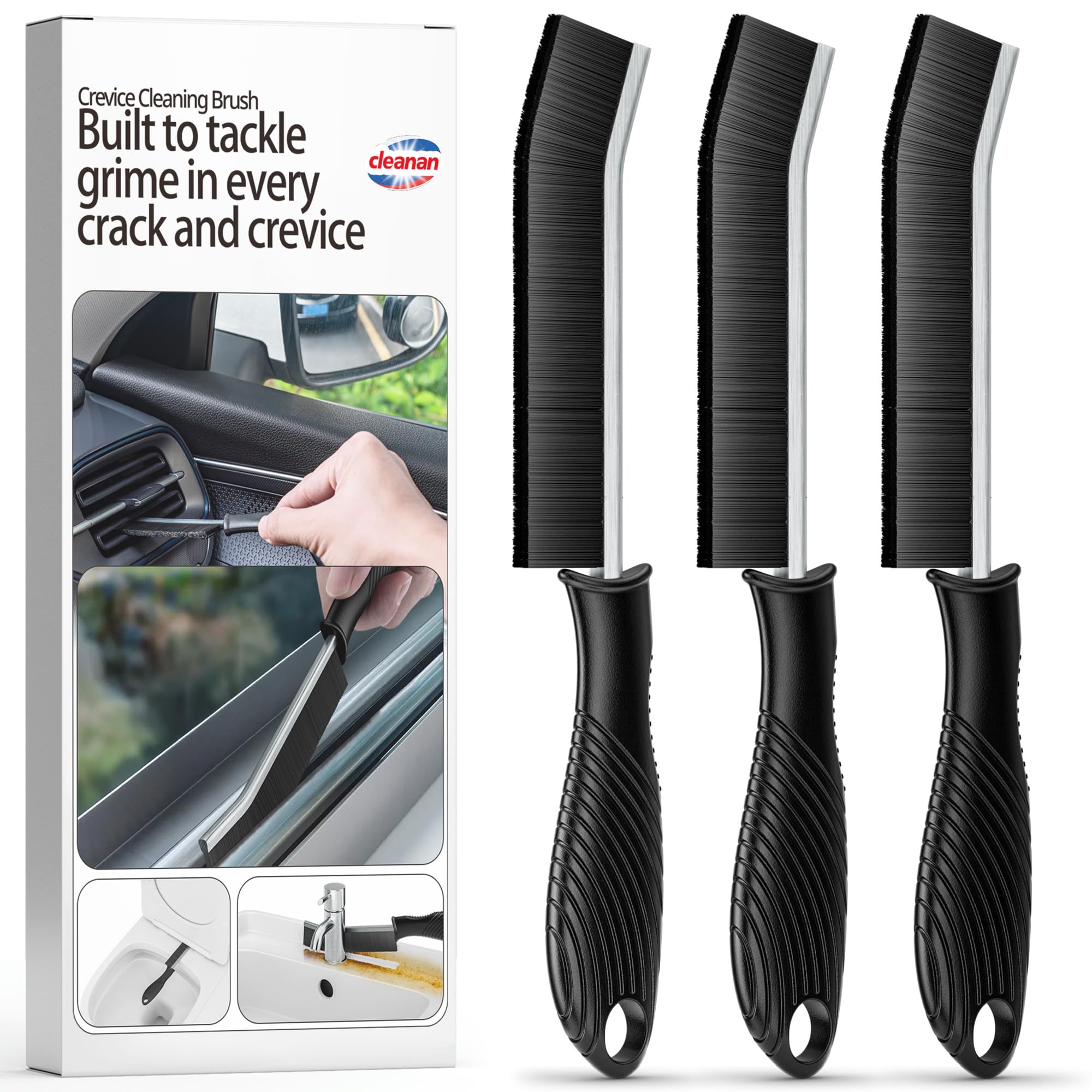 3-Pack Hard Bristle Crevice Cleaning Brush Household Use, Grout Brush for Small Tight Spaces, Multi-Use for Bathroom, Kitchen, Car, Window Tracks
