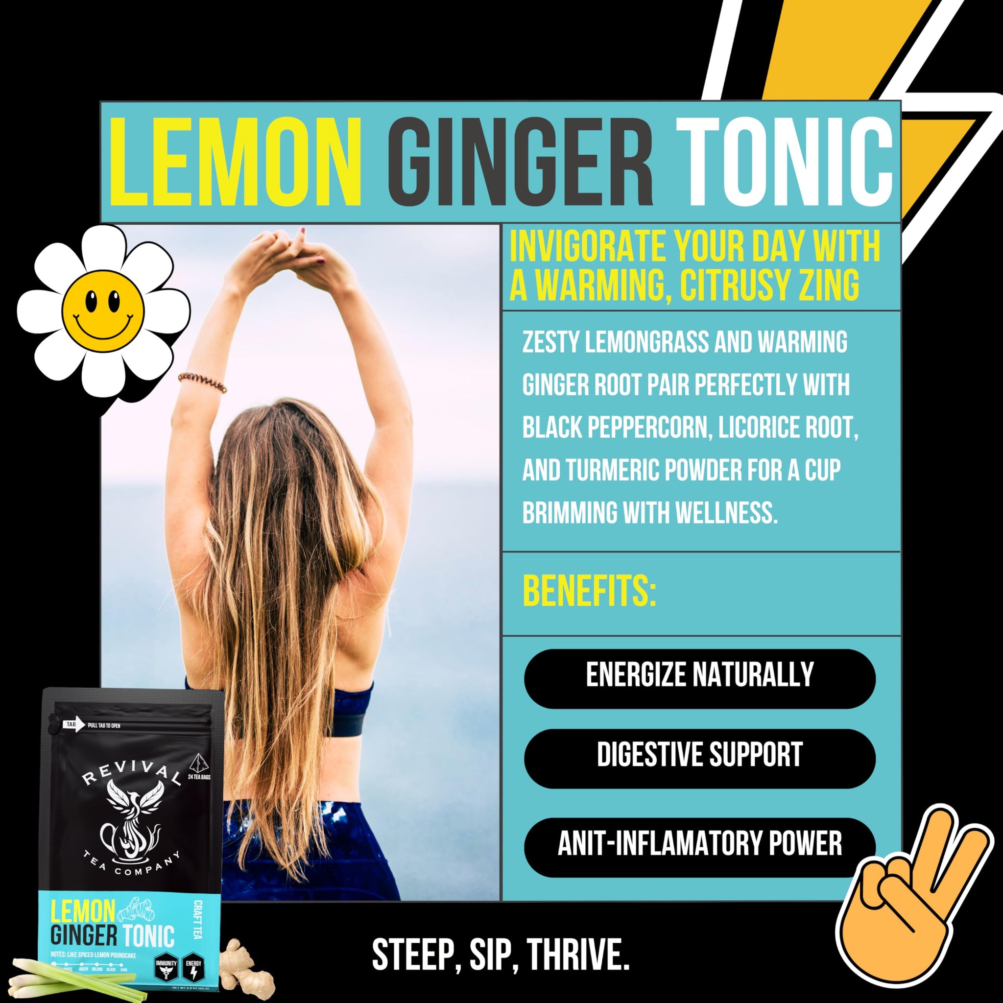 Revival Tea Company Lemon Ginger Tonic - Caffeine Free Herbal Tea Blend with Lemongrass and Ginger - 24 Tea Bags