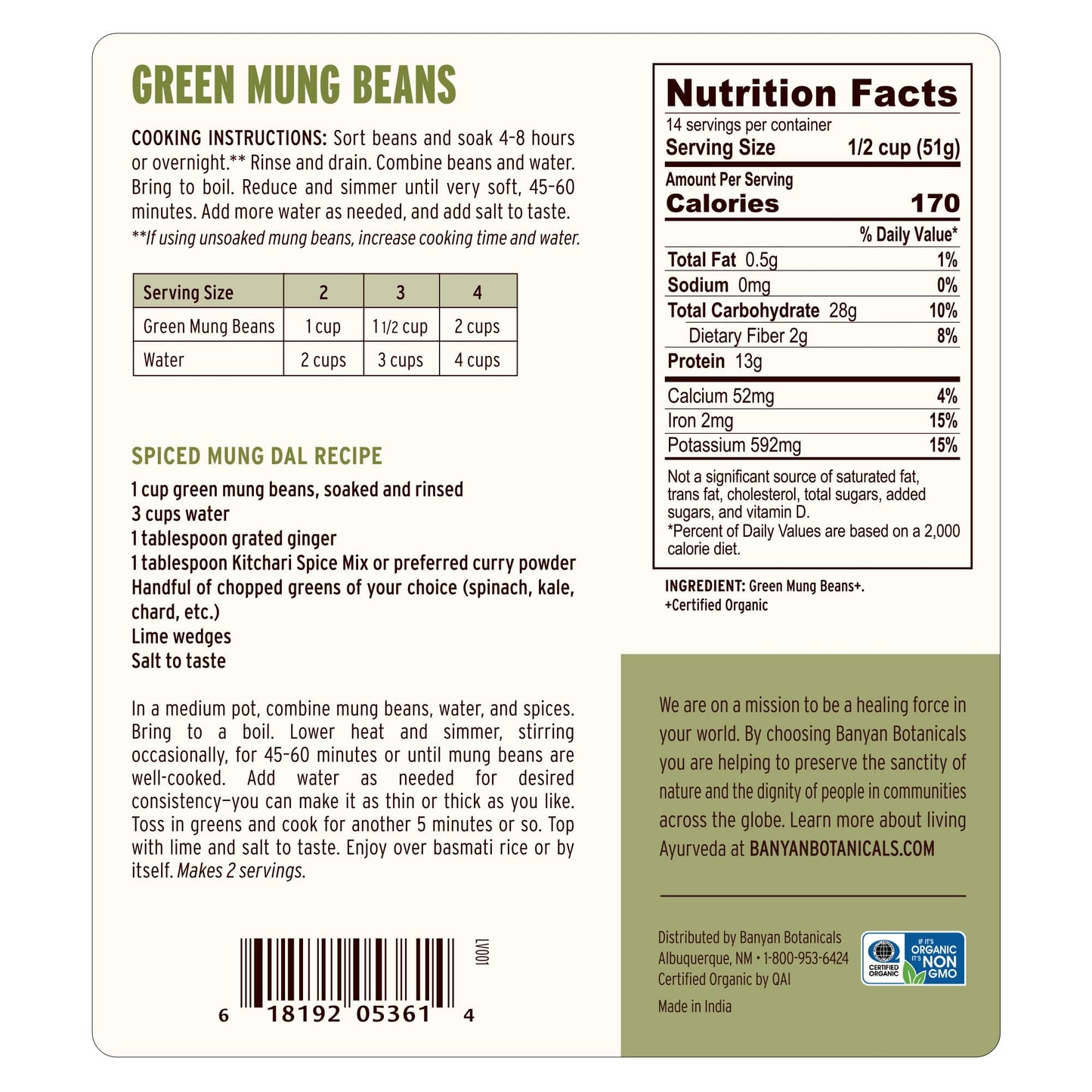 Banyan Botanicals Green Mung Beans - Whole Organic Green Mung Beans for Cooking High Protein Vegetarian Meals - Easy Digestion Meal - 1.65 lb