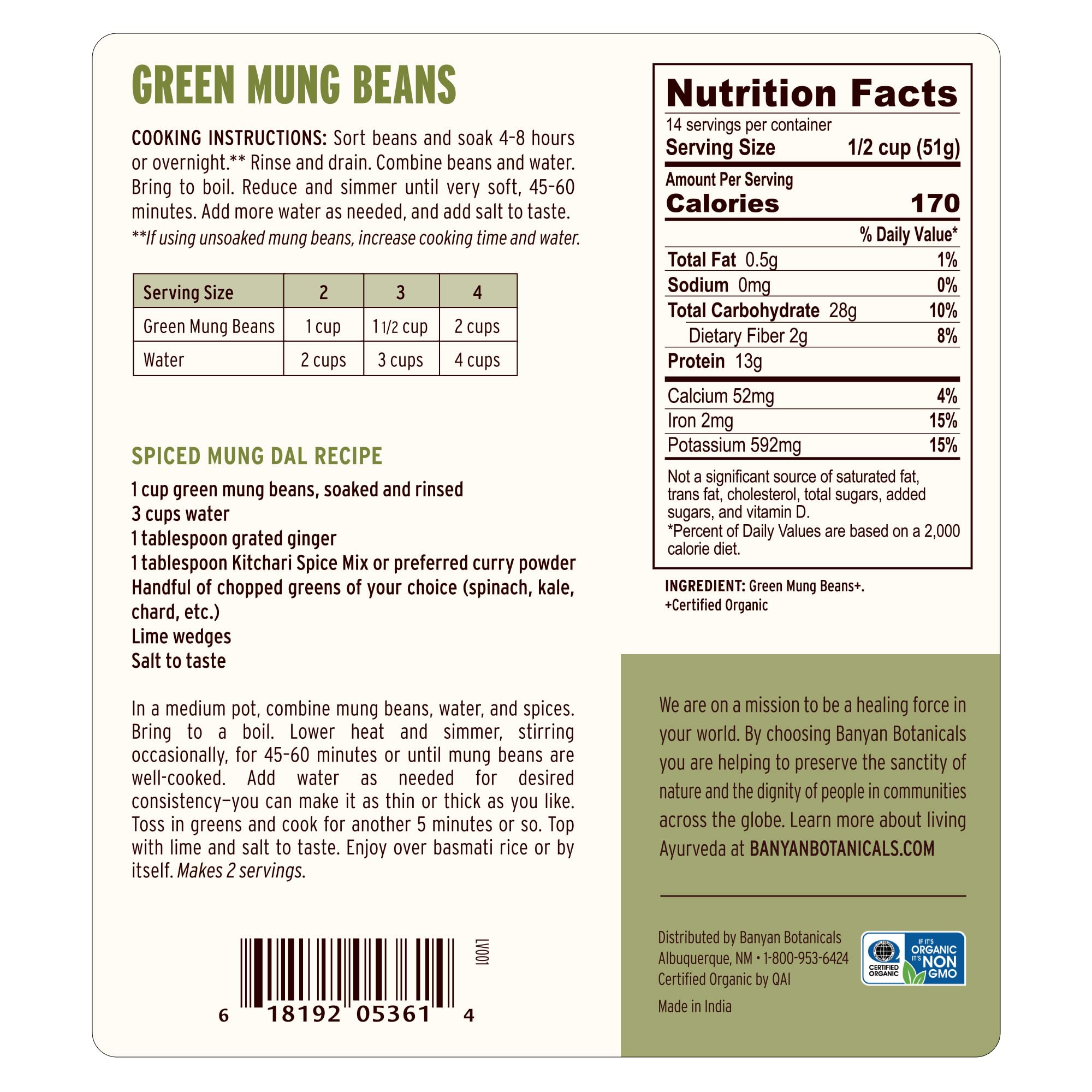 Banyan Botanicals Green Mung Beans - Whole Organic Green Mung Beans for Cooking High Protein Vegetarian Meals - Easy Digestion Meal - 1.65 lb