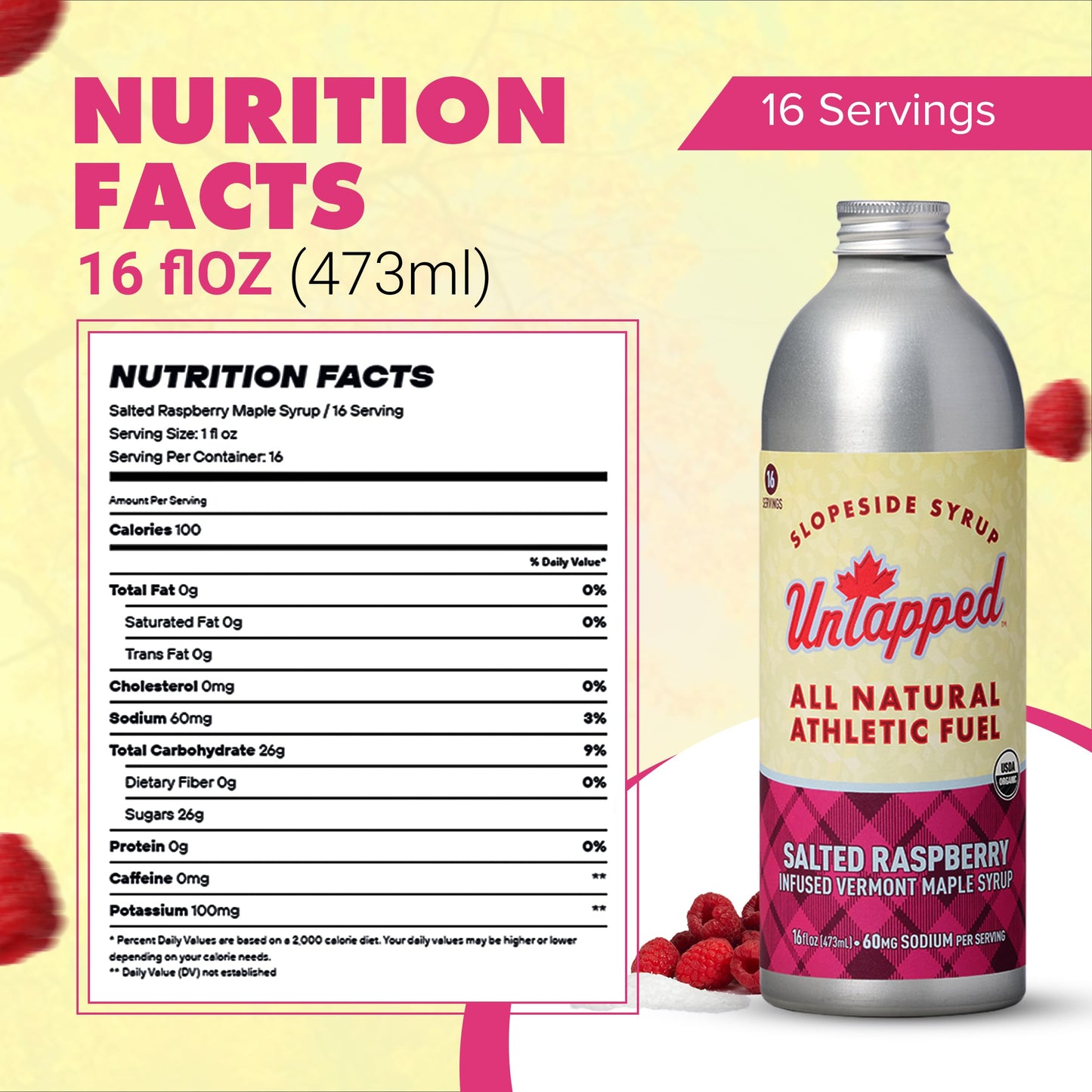 UnTapped Salted Raspberry Bulk Bottle - 16 Servings | 16 Fl Oz Aluminum Bottle | Pure Vermont Maple Syrup with Organic Raspberry Juice and Sea Salt